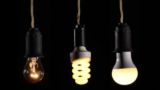 An incandescent bulb, a compact fluorescent bulb and an LED bulb lit side by side in three sockets