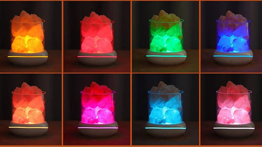 The same USB salt lamp photographed eight times, glowing amber, red, green, blue, pink, magenta, cyan and rose