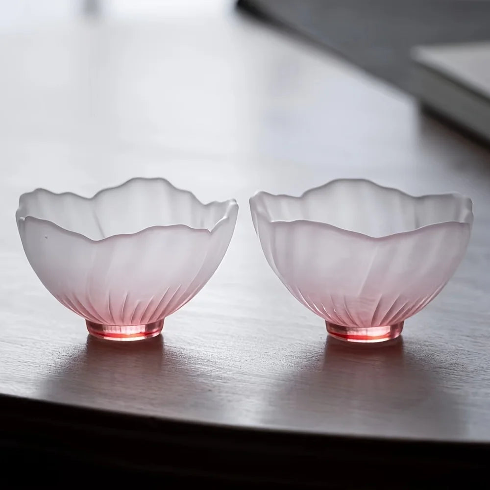 Frosted Cherry Blossom Pink Japanese Glass Tea Cup Set