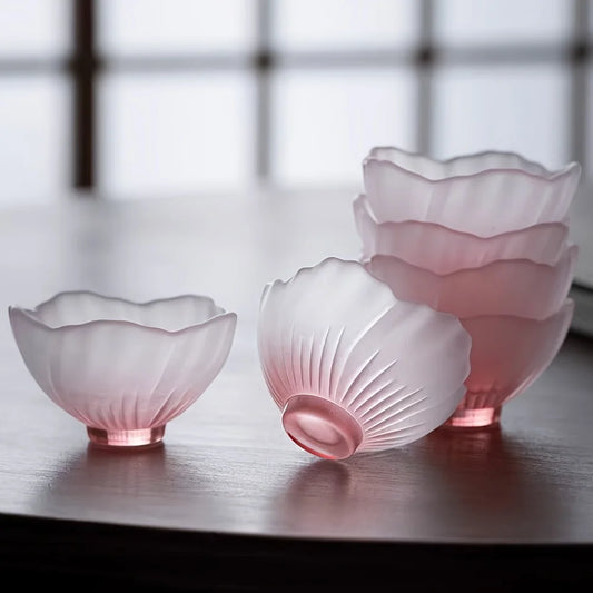 Frosted Cherry Blossom Pink Japanese Glass Tea Cup Set